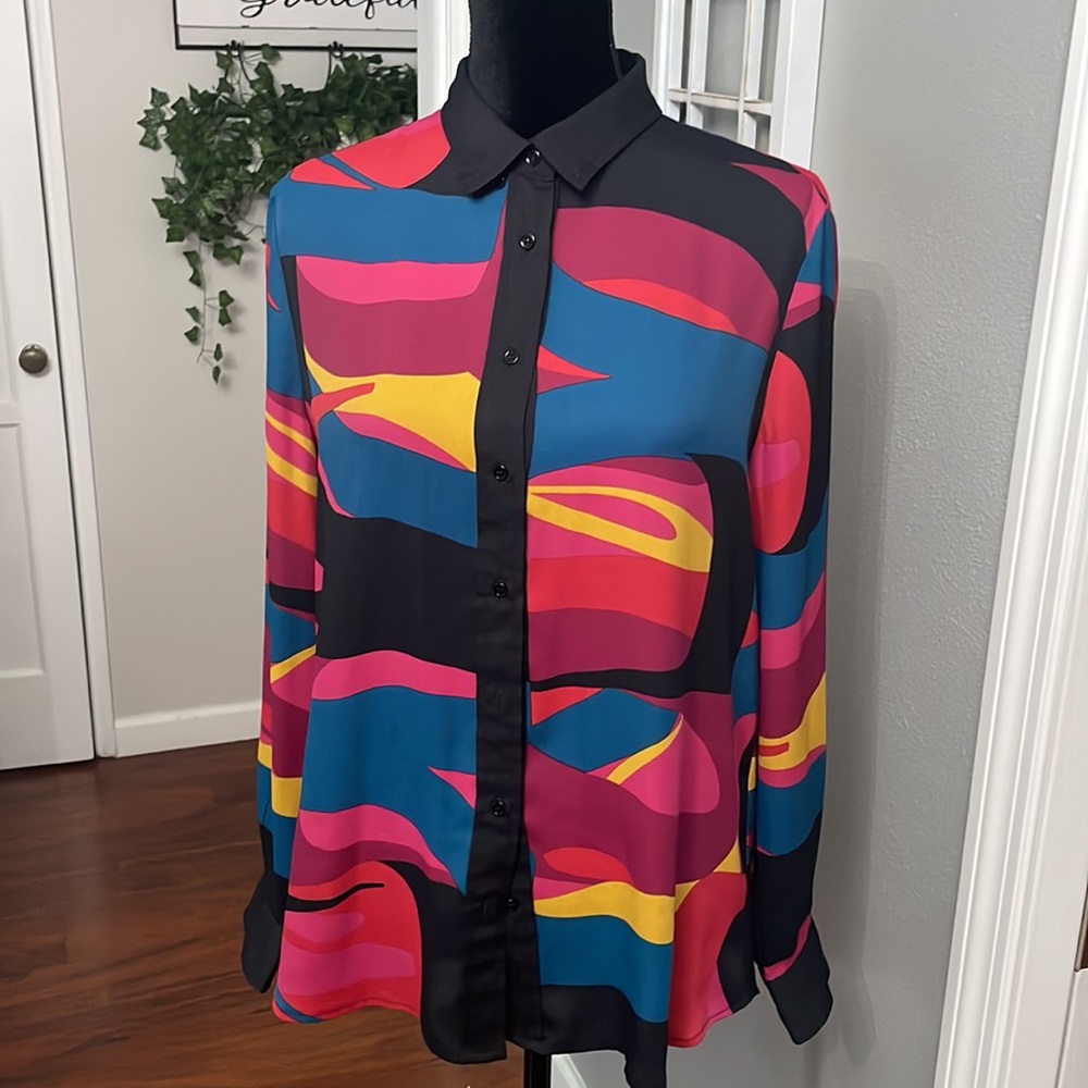 Anne Klein color block long sleeve button up blouse - Picture 2 of 8